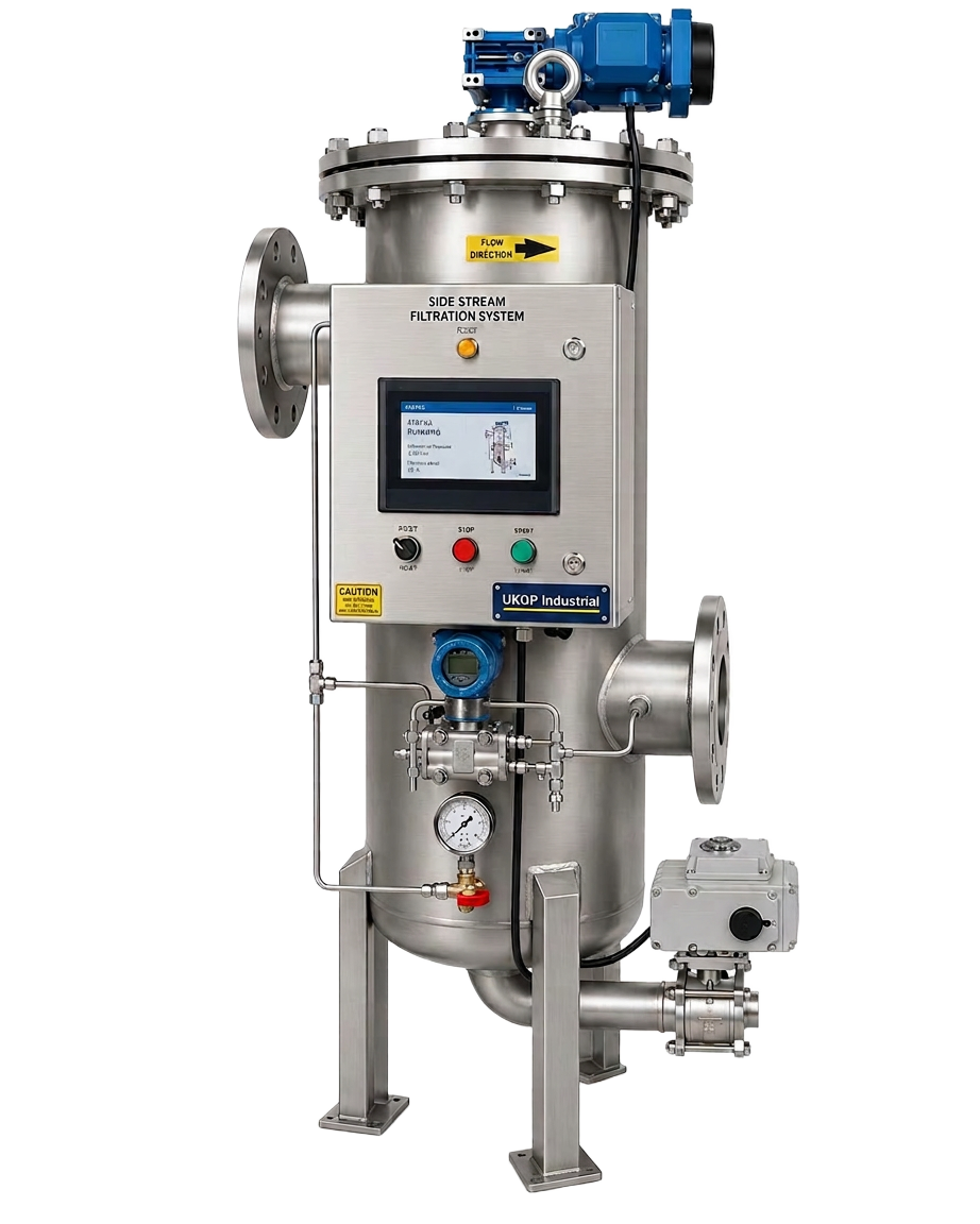 UKGP Industrial side stream filtration skid — UK-supplied self-cleaning magnetic and depth filter unit for closed heating and chilled water loops, 19–80 m³/h, with automatic backwash and PLC control