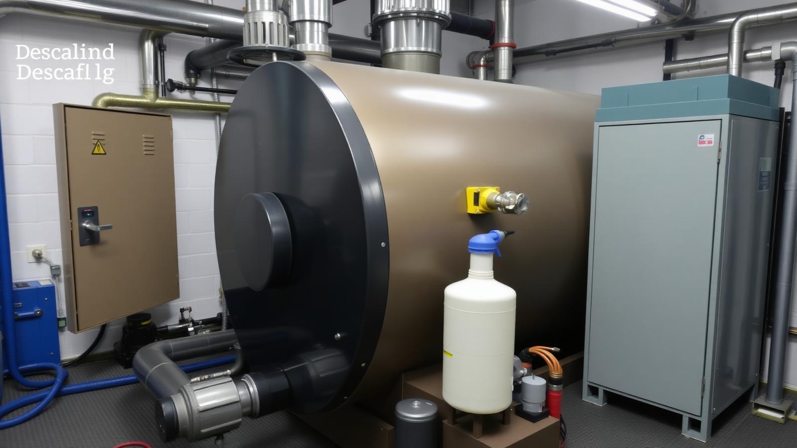 How to Prevent Boiler Scale Commercial Systems Effectively — Commercial gas boiler undergoing descaling with chemical pump in plant room
